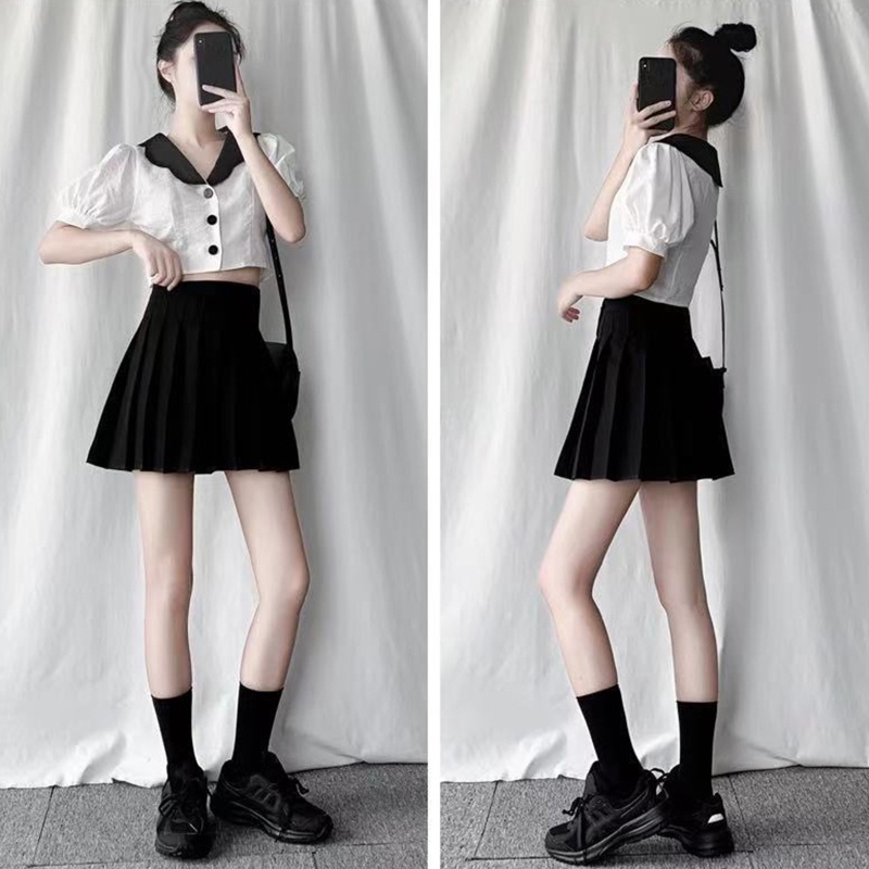 Han Chân Váy Chữ A Xếp Ly Mini Lưng Cao Màu Trơn Phong Cách Preppy Cho Nữ Sinh