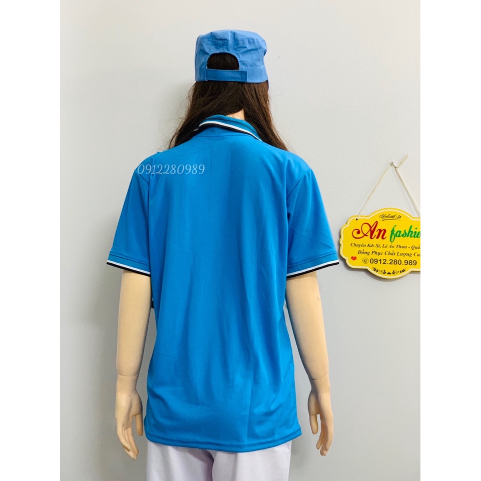 Áo thun có cổ màu xanh nhạt vải cá sấu mè nhẹ mát cho nam nữ _ Hình chụp thật