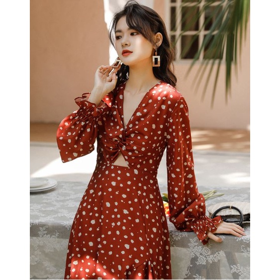 Đầm maxi đuôi cá dài tay chấm vệt màu đỏ rượu HDC85 Hỉn Hỉn Store