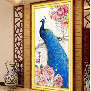 Tranh thêu kín chim công khổ dọc đẹp 88x178cm