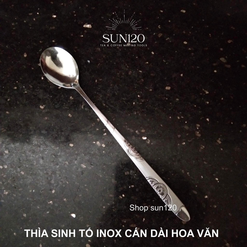 Thìa sinh tố inox cán dài hoa văn muỗng cafe dày dặn cao cấp đầu bo tròn