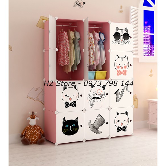 [SIÊU HOT] TỦ NHỰA LẮP GHÉP 12 Ô HỒNG CỬA MÈO MŨ ĐỂ ĐỒ CHO BÉ ĐA NĂNG THÔNG MINH sâu 47cm