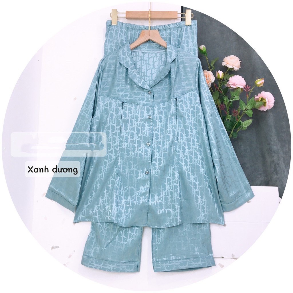 Bộ đồ bầu Pijama dài tay mặc bầu và sau sinh chất liệu lụa có khóa cho con bú BD933