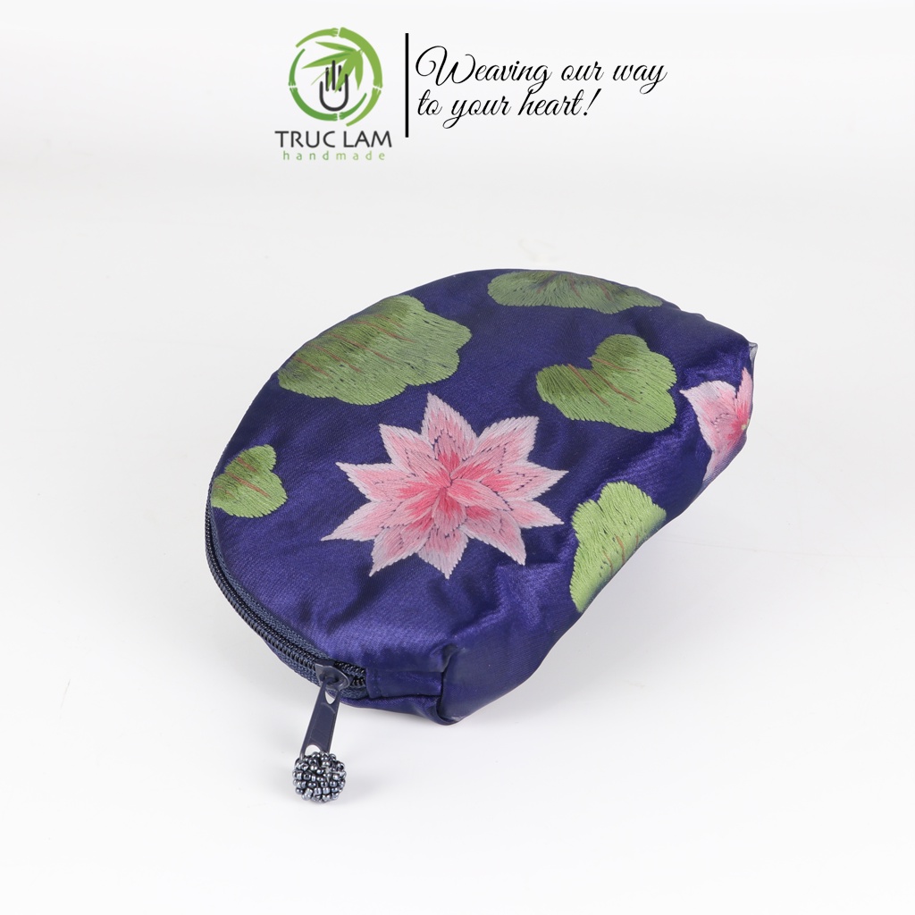 Ví Cầm Tay Túi Đựng Hình Bán Nguyệt Phủ Voan Họa Tiết Hoa Lá Thêu Tay - Trúc Lâm Handmade