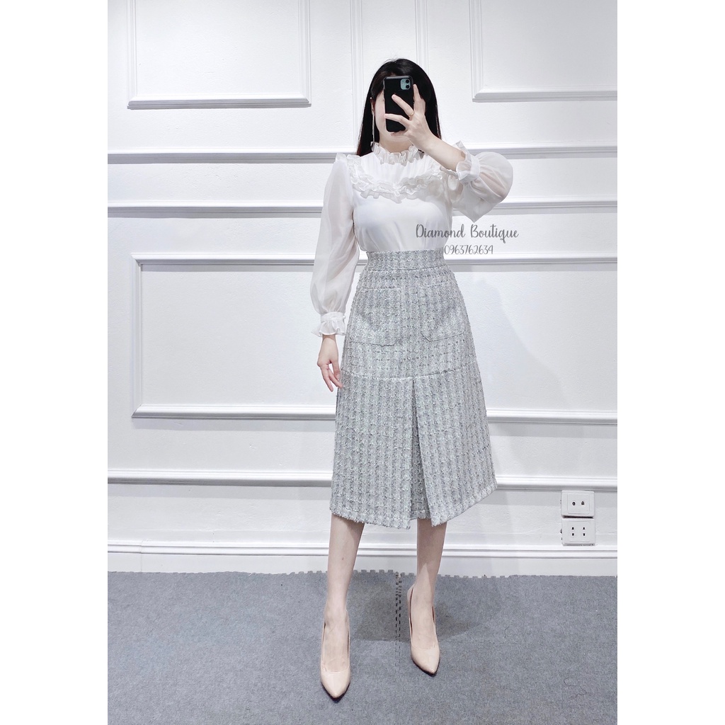 Chân Váy Dạ TWEED CAO CẤP LÓT LỤA BẢN XANH DÀI VÀ BẢN GHI NGẮN