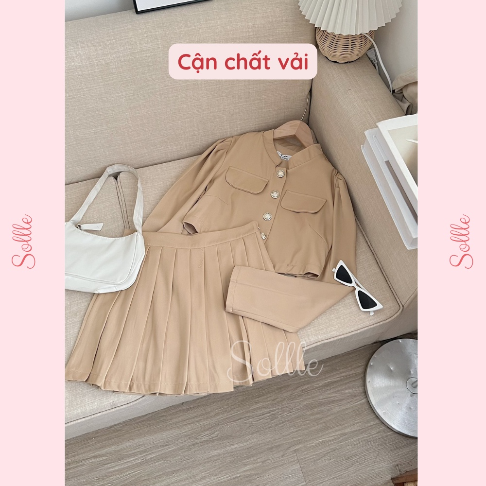Set đồ nữ áo khoác dáng vest croptop tay bồng chân váy xếp ly trơn 4 màu Hàn Quốc Sollle