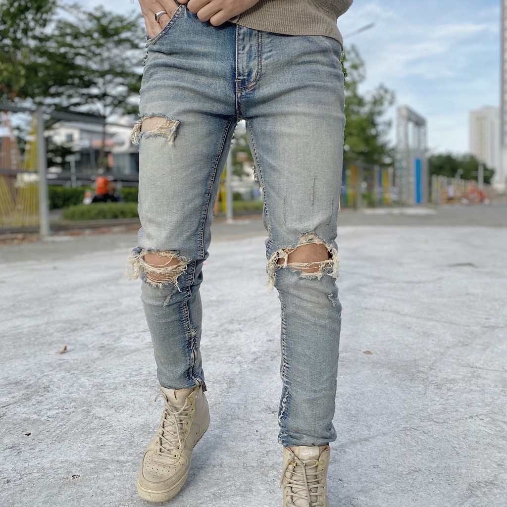 Quần jean nam streetwear cao cấp FNOS Z8 màu xanh rách gối form slimfit có zip jean co giãn