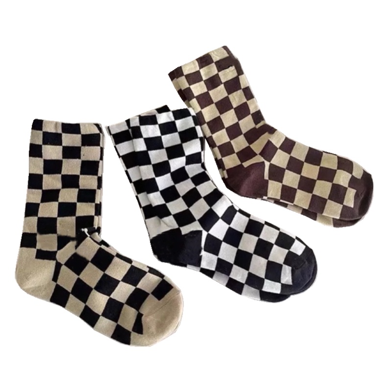 Set 2 Đôi Tất Cotton Kẻ Sọc Caro Trắng Đen Thời Trang Cho Nữ