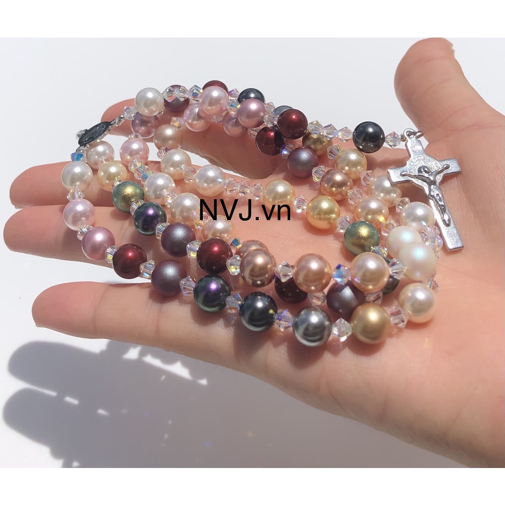 Chuỗi mân côi 50 hạt SWAROVSKI 8ly cao cấp sang đẹp tùy chọn màu, trang sức công giáo NVJ