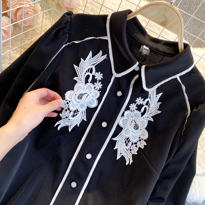 Áo sơ mi thêu áo nữ cách điệu dài tay mùa thu