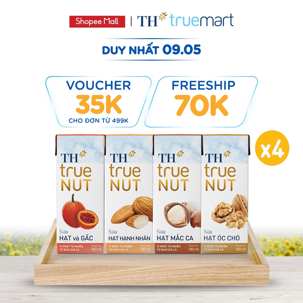 4 Lốc sữa hạt hạnh nhân, mắc ca, óc chó, gấc của TH True Nut 180ml (180ml x 4 hộp)