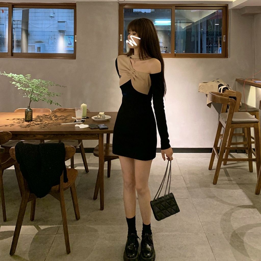 Váy body dài tay , đầm ngắn dáng ôm sexy , hở vai vải bông co dãn cao cấp phong cách thu đông Hàn Quốc