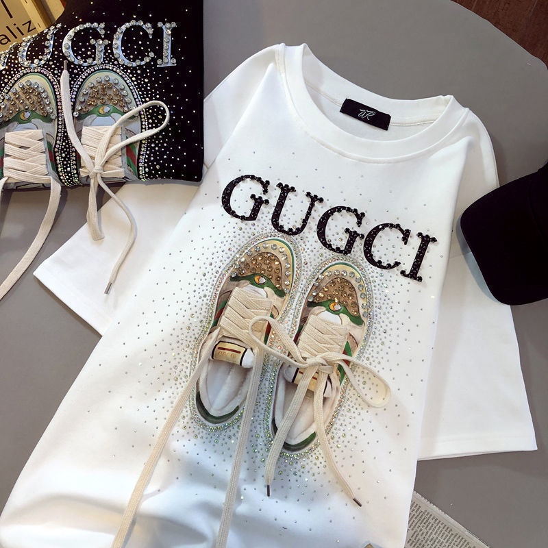 Áo thun cotton ngắn tay đính đá phong cách châu Âu dành cho nữ