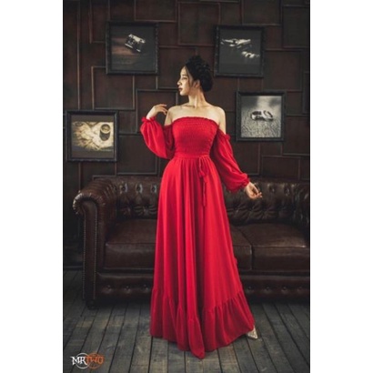 Đầm maxi đỏ xoè trễ vai váy boho vintage du lịch nhún ngực váy đi biển thời trang đẹp rẻ bohemian thổ cẩm freesize QLY