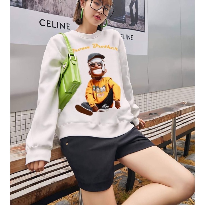 Áo nỉ dài tay bo Brown Brother ulzzang nam nữ oversize hai màu trắng đen | BigBuy360 - bigbuy360.vn