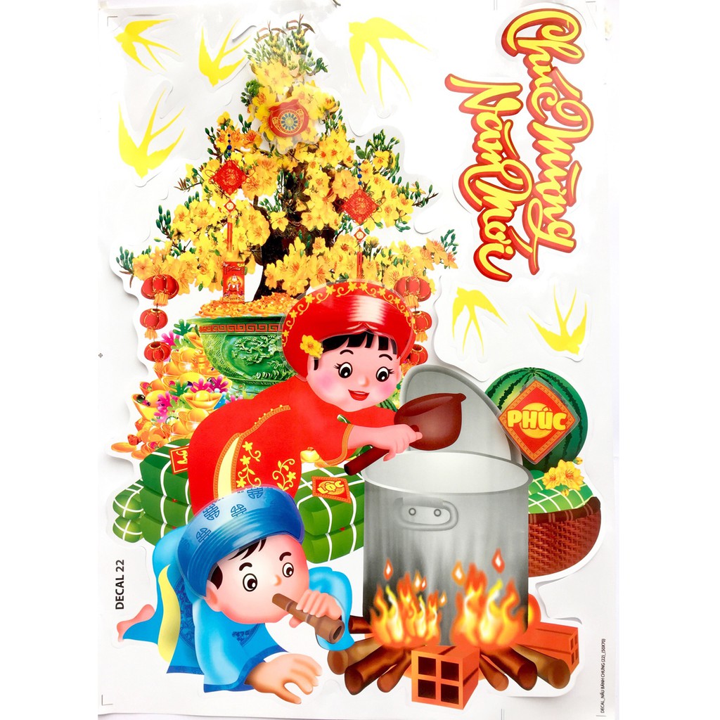 Tấm decal 3D (sticker) dán tường kính trang trí Tết 90x60cm ( mẫu nấu bánh chưng )