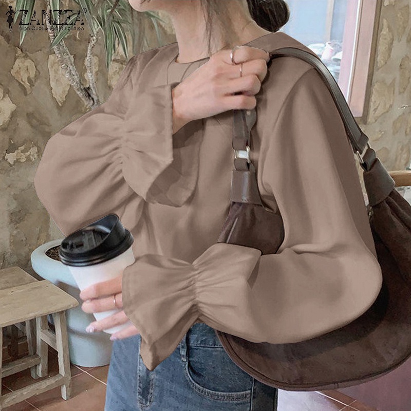 Áo ZANZEA màu trơn tay dài phồng cổ tròn phối nút mặt sau thời trang cho nữ