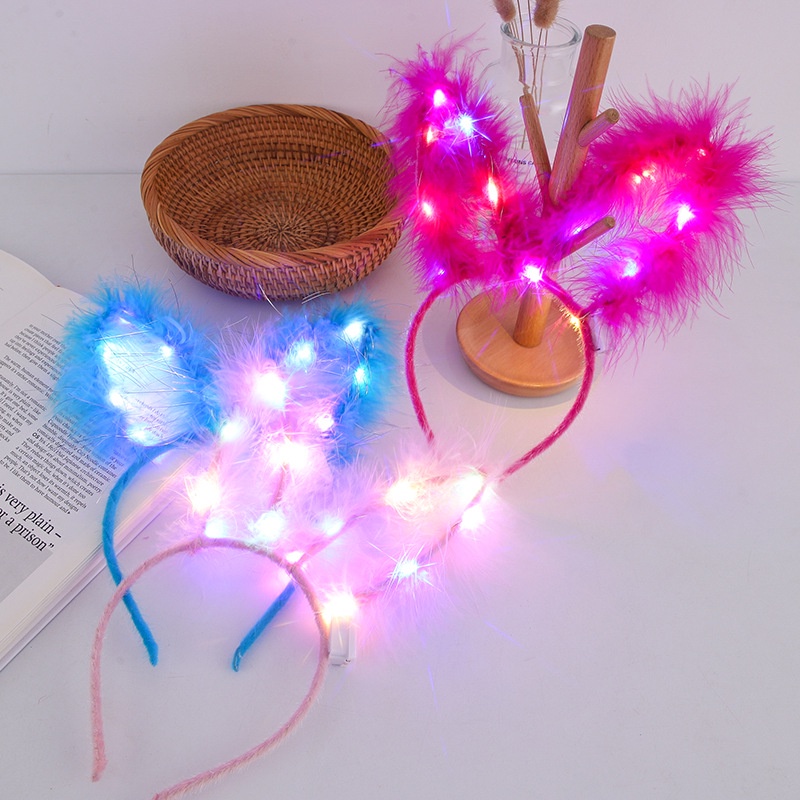 Băng Đô Tai Thỏ Đính Lông Vũ Dạ Quang