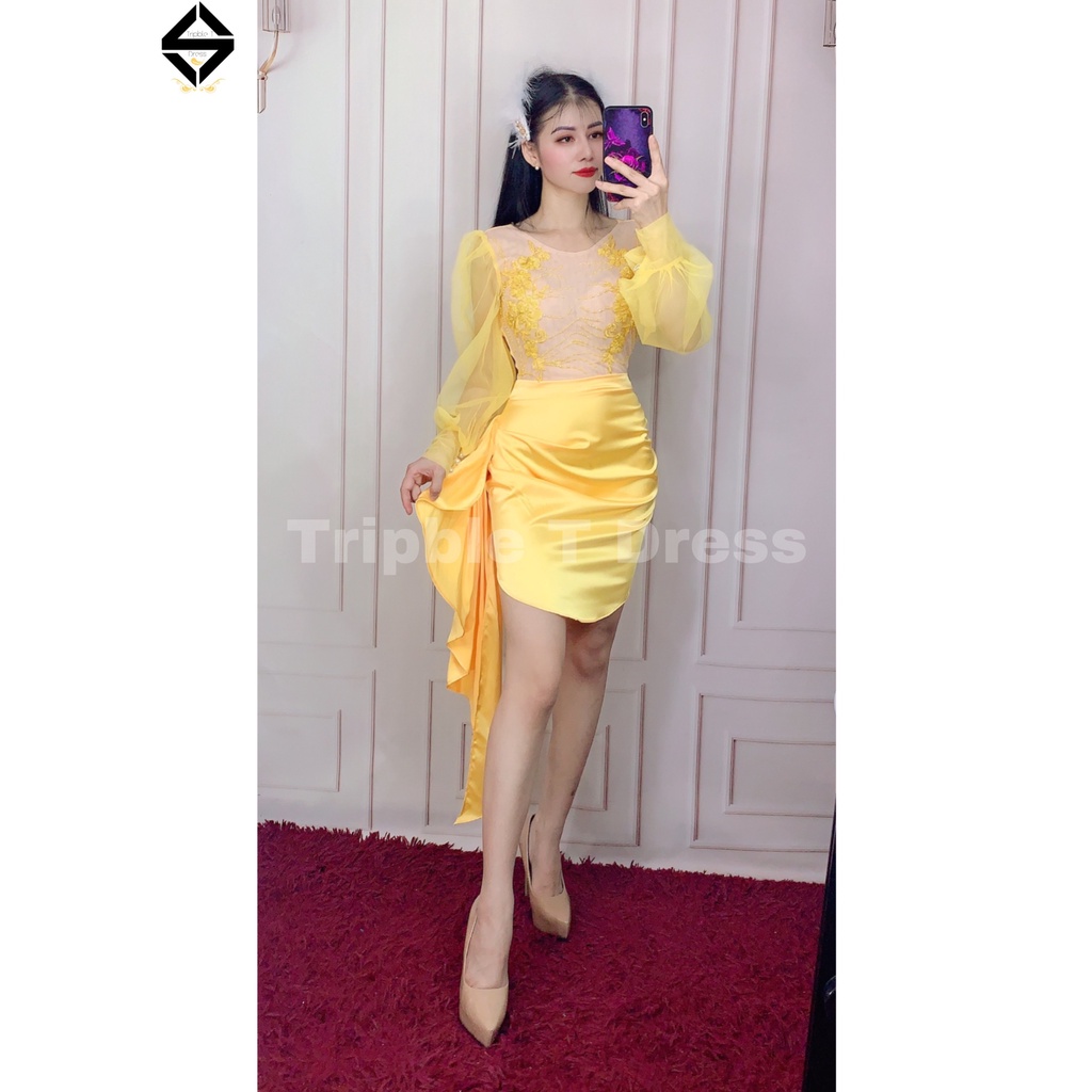 Đầm dự tiệc body TRIPBLE T DRESS ngắn mini tay dài lưới phối ren cườm - size S/M/L - MS334Y