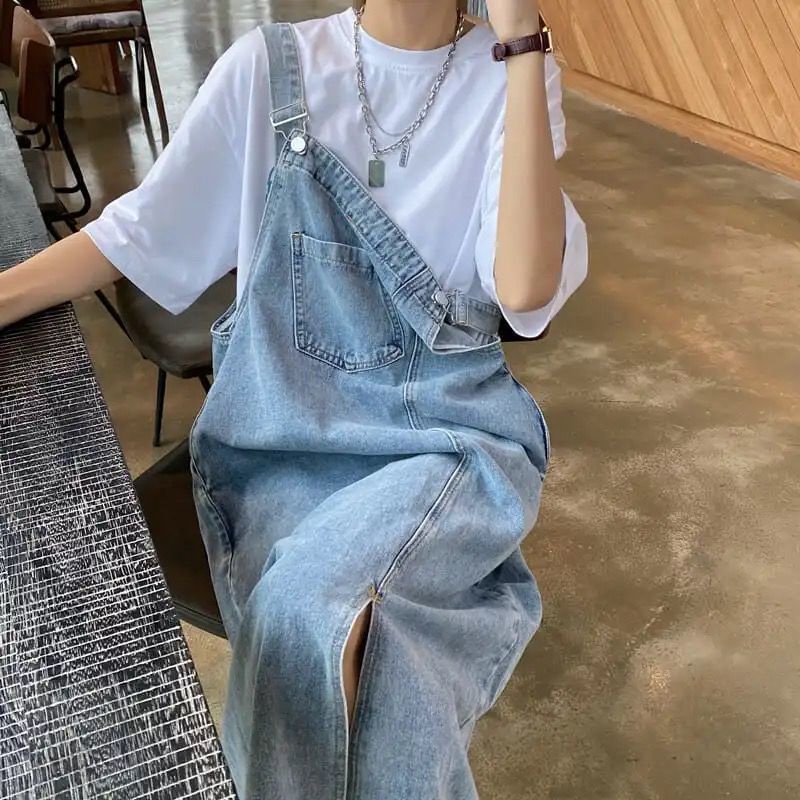Jiashucheng Váy Yếm Denim Dài Xẻ Tà Thời Trang Mùa Hè Dành Cho Nữ