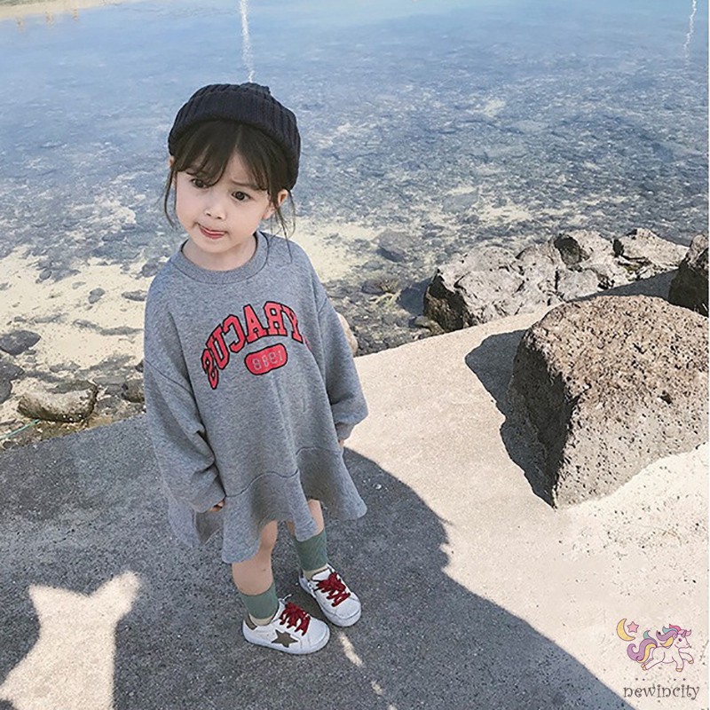 Đầm Dáng Rộng In Chữ Phong Cách Thời Trang Mùa Thu Hàn Quốc Cho Bé Gái