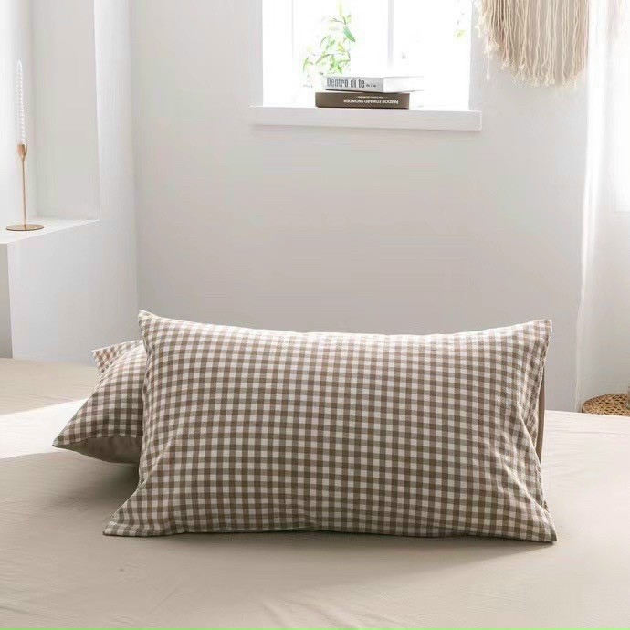 Bộ chăn ga gối cotton poly LIDACO Caro nâu be ga chun
