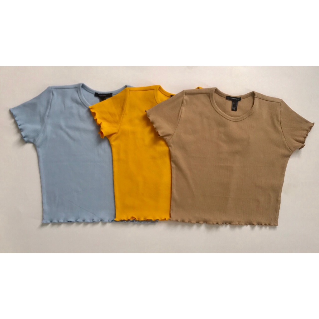 Áo croptop cuốn biên, xoăn lai, thun bo gân, 3 màu Xanh - nâu - vàng