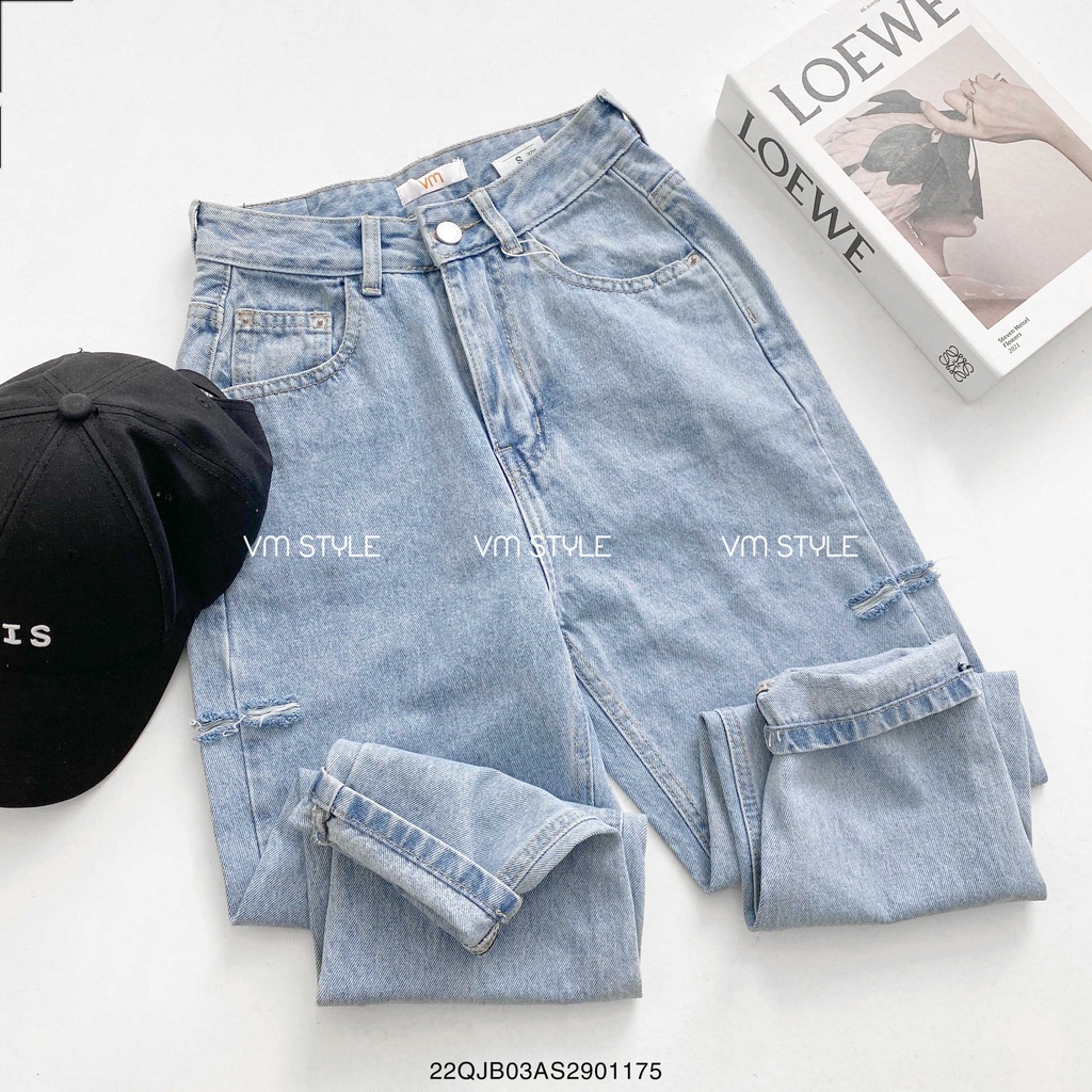 Quần jean baggy nữ VM STYLE lưng cao đi học (không co giãn) ulzzang rách bên lua tua N112 thời trang 22QJB03AS2901