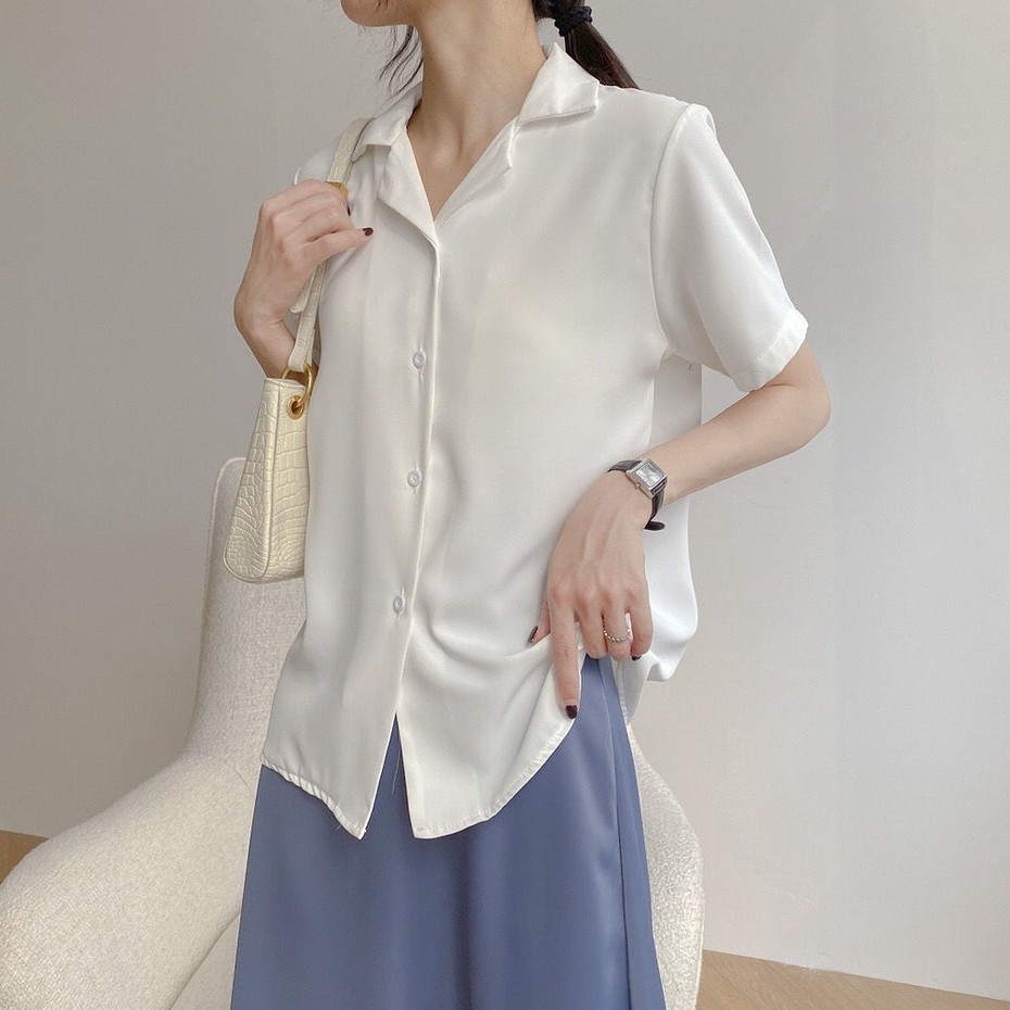 WANG JIAO ZHAN Áo Sơ Mi Ngắn Tay Màu Trơn Phong Cách retro Hàn Quốc Mới