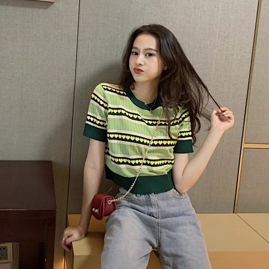 Áo thun dệt kim tay ngắn dáng rộng phong cách Hàn Quốc thời trang cho nữ