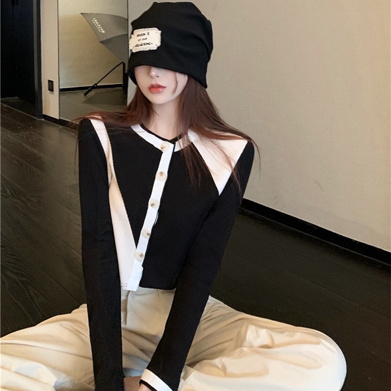 Áo Sweater Dệt Kim Tay Dài Cổ Tròn Màu Sắc Tương Phản Thời Trang Cho Nữ  tao bao