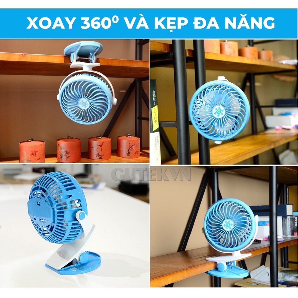 Quạt mini tích điện để bàn kẹp bàn kẹp xe đẩy em bé đa năng 3 tốc độ gió Gutek F186