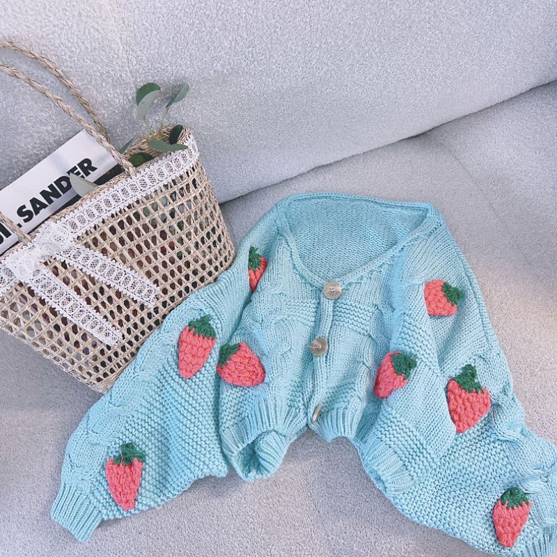 Áo Len cadigan đính dâu nổi móc thủ công, phom CROPTOP