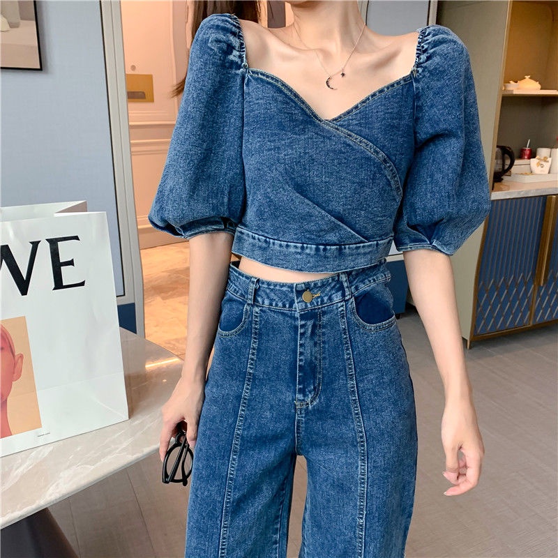 Set áo sơ mi denim + quần ống rộng thời trang Hàn Quốc phong cách retro cho nữ 2021