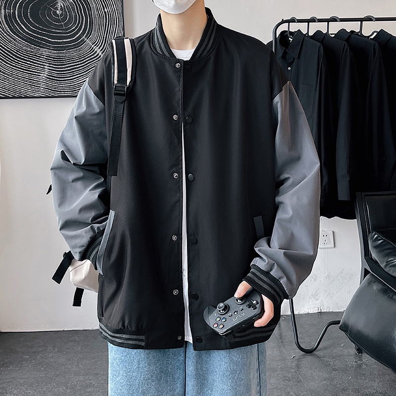 【S-3XL】 Áo khoác bóng chày dáng rộng phối màu tương phản thời trang cho nam S-3XL