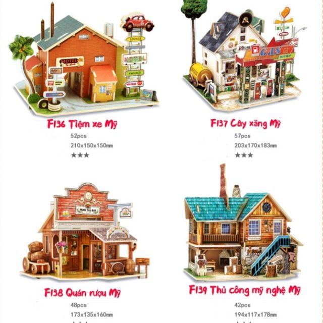 Mô hình nhà gỗ lắp ráp 3D theo khớp - Phong cảnh kiến trúc Mỹ F136 F137 F138 F139