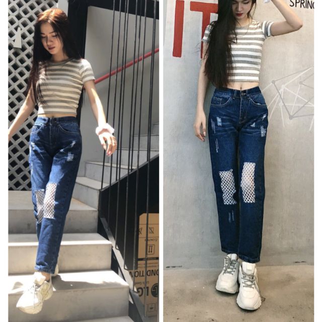 Quần baggy jeans rách gối vá lưới tomboy bụi bặm