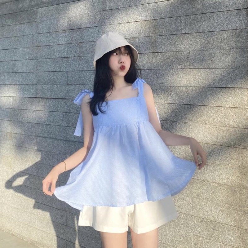 Set áo hai dây babydoll buộc nơ vai kèm quần sooc trắng Ulzzang freesize, Style Hàn [Ảnh thật/Sẵn]