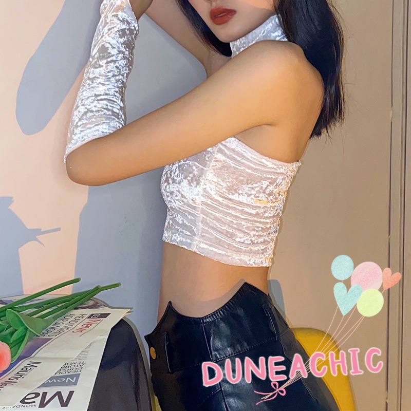 DUNEA Áo Ống Da Lộn Đính Hạt Quyến Rũ Cho Nữ