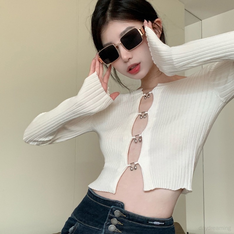 Áo Croptop Dệt Kim Tay Dài Màu Sắc Thanh Lịch