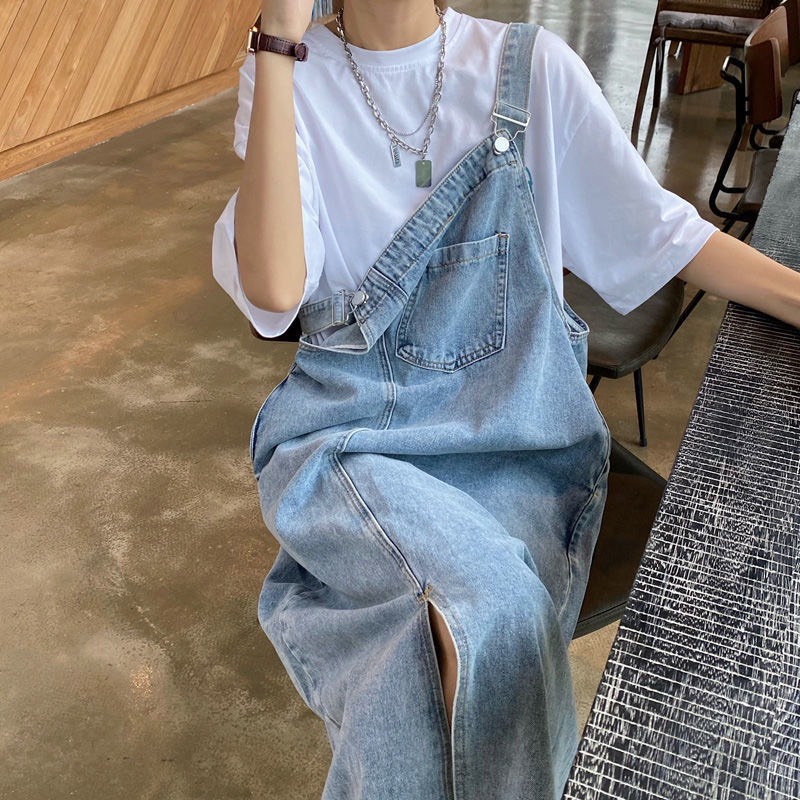 Váy Yếm Đầm Jean Form Rộng Dáng Dài Qua Gối Đi Học Thời Trang Ulzzang Retro Hàn Quốc Cho Nữ Y004