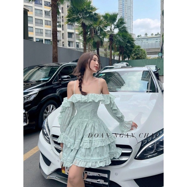 Đầm gấm bèo viền ren bẹt vai tay dài siêu xinh hàng cao cấp,váy nữ thời trang chất siêu xịn mịn