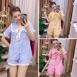 Đồ bộ mặc nhà, đồ bộ kiểu tiểu thư chất poly áo tay lỡ quần đùi họa tiết caro dễ thương