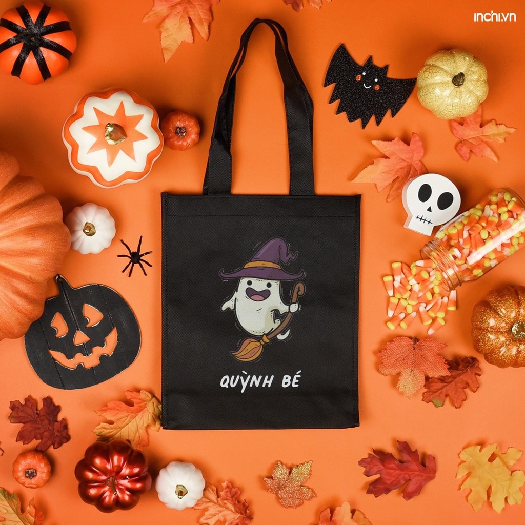 ( Có in theo yêu cầu, sll) Túi Tote Đen Khóa Vải Canvas In Họa Tiết Halloween Độc Đáo Thú Vị Có Túi Con