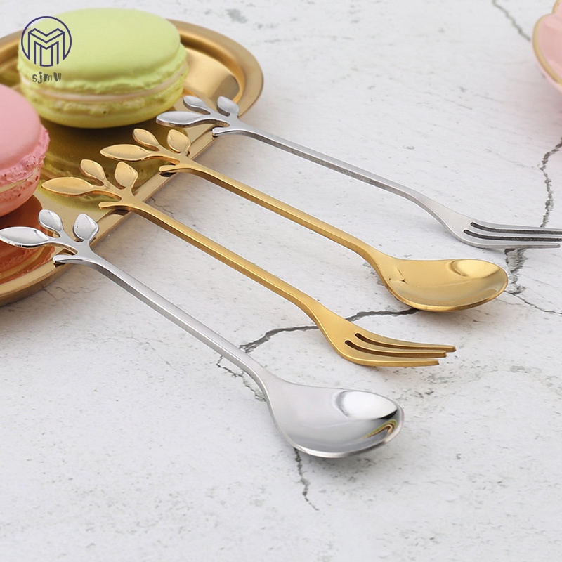 ☆SJMW☆ 1 Pcs Stainless Steel Leaves Spoon Fork Coffee Tea Spoons Ice Cream Dessert Cake