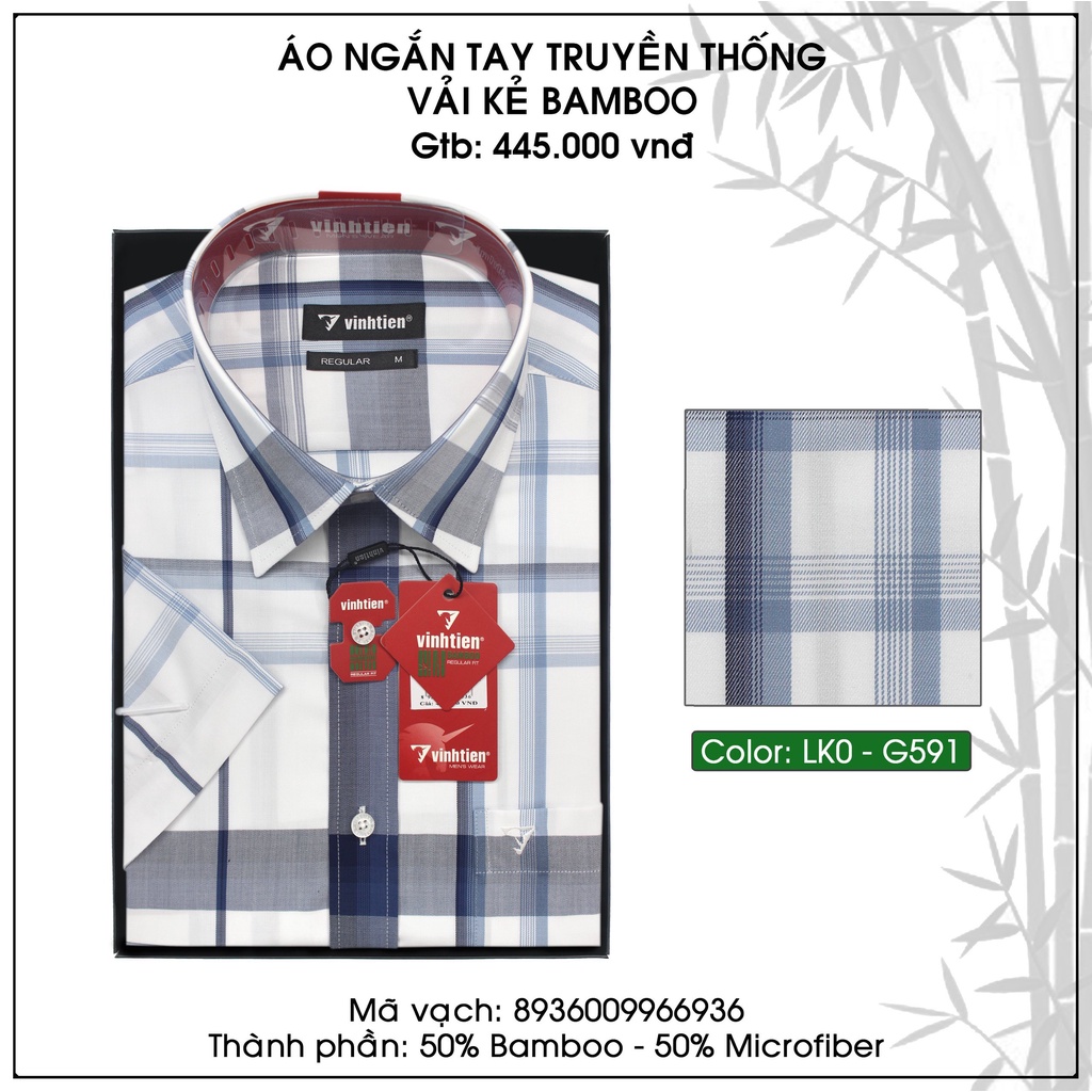 Áo Sơ Mi Ngắn Tay Caro Vải Bamboo Vạt Ngang Form Regular Vĩnh Tiến 445