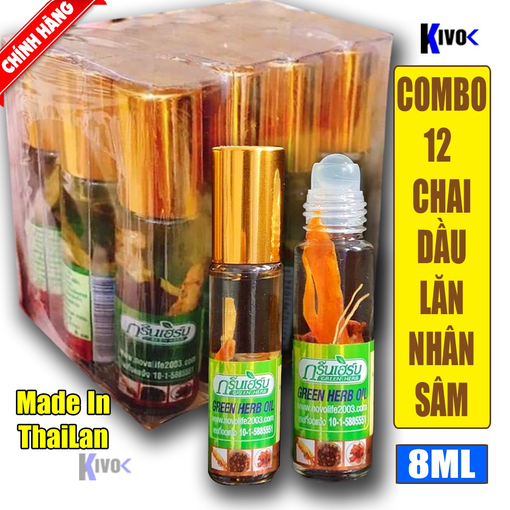 Combo 12 Chai Dầu Lăn Nhân Sâm Thảo Dược Thái Lan GREEN HERB OIL Cao Cấp 8ML