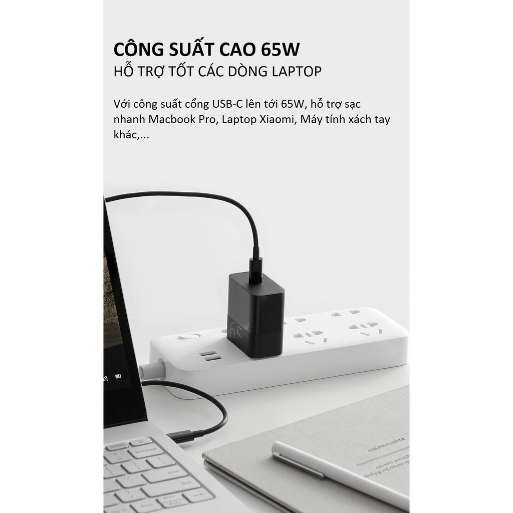 Bộ sạc nhanh PD ZMI 65W 1 Cổng USB-C HA712 (Đen) cho Macbook, iPad, iPhone, các dóng Android, Laptop