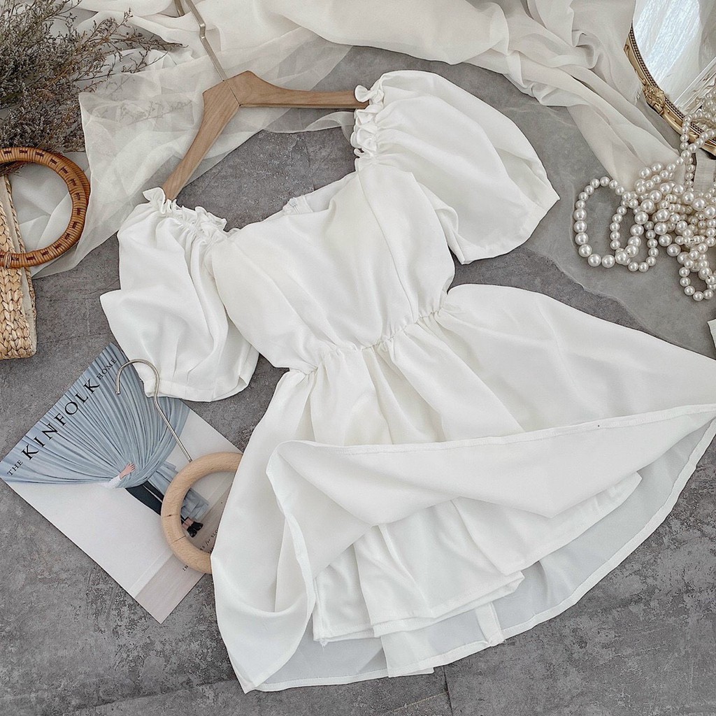 Đầm dự tiệc dáng ngắn mini váy xoè tay bồng trắng tay phồng vai bèo