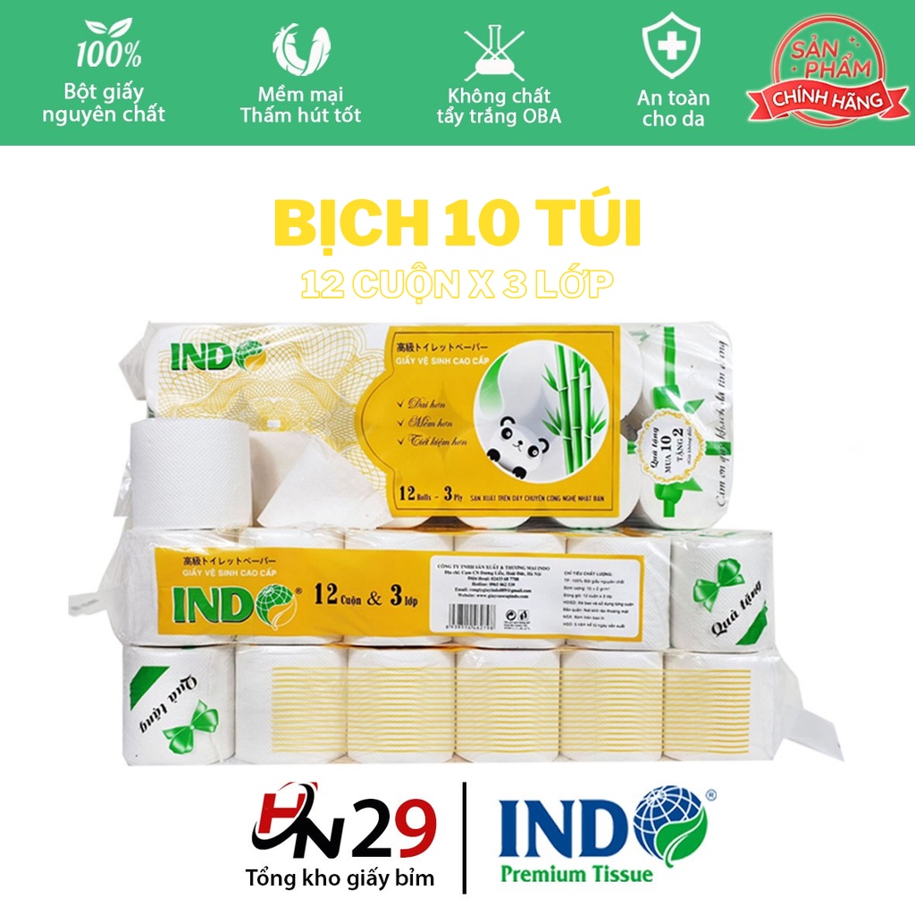 Bịch 10 cuộn Giấy vệ sinh cuộn gấu trúc INDO 12 cuộn x 3 lớp - Giấy cuộn dập nhám có lõi và không lõi cao cấp - GV001